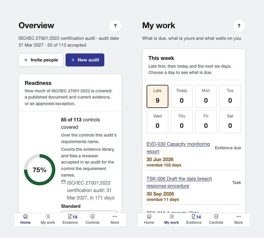 BlueArc Cert Overview and My work screens on a phone