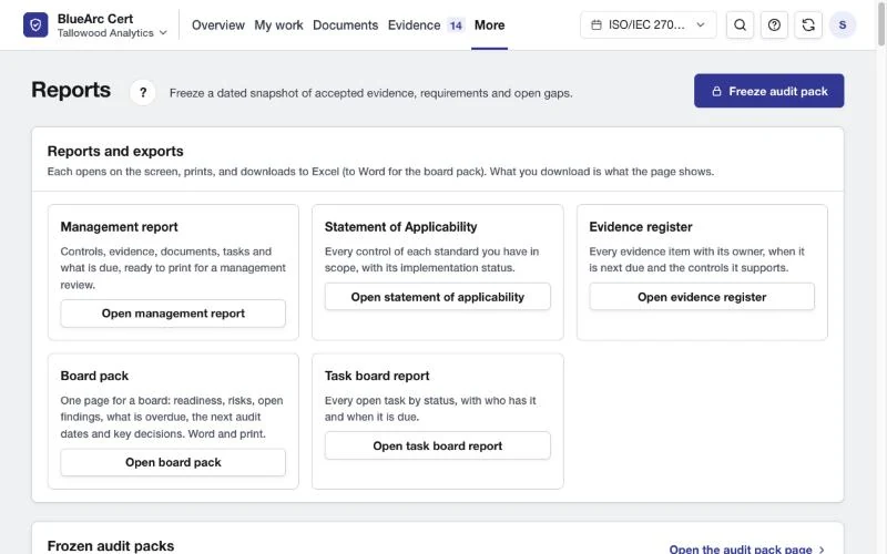 Reports page listing the management report, Statement of Applicability, evidence register, board pack and task board report
