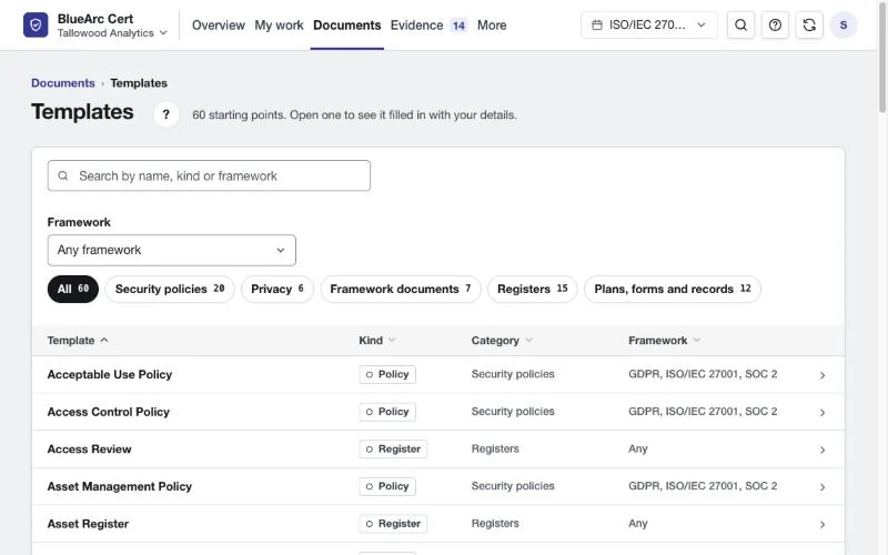 Template library filtered by framework and category